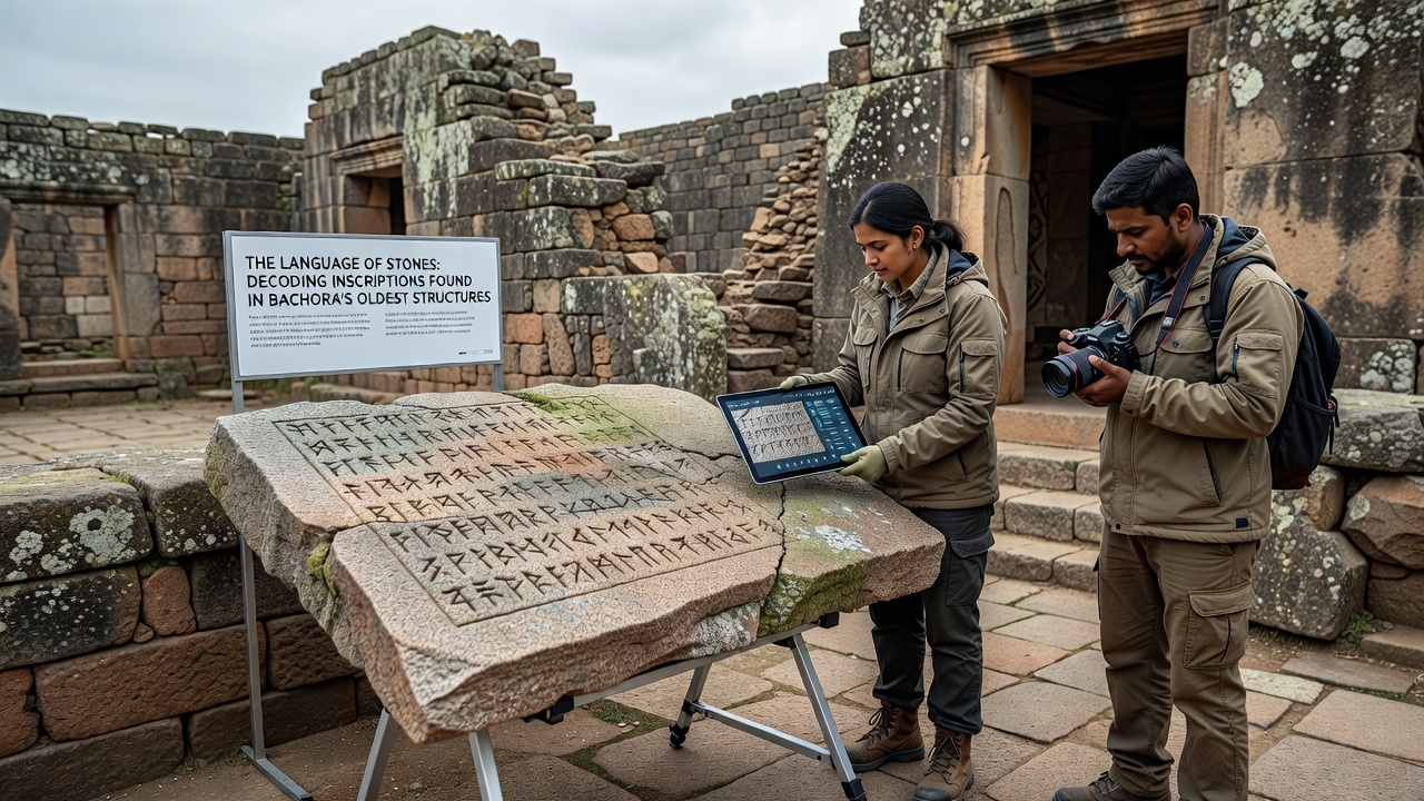 Close-up view of inscribed stone blocks with researchers examining symbols using digital equipment